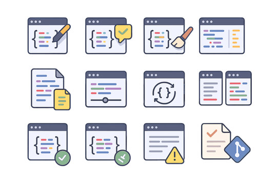 Programming code icons set: development, debugging, and review tools