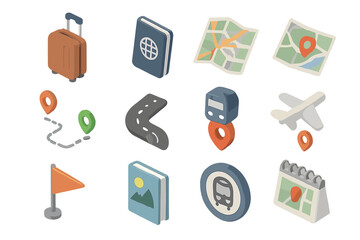 Travel icons: map, passport, airplane, suitcase, locations for adventurers