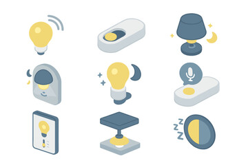 Fototapeta premium Smart home lighting icons in soft colors with various features and designs