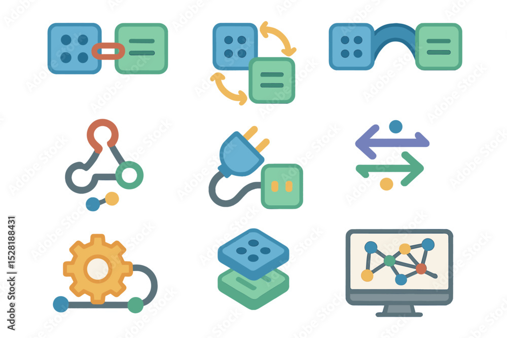Poster colorful abstract technology icons with circuit and connection symbols