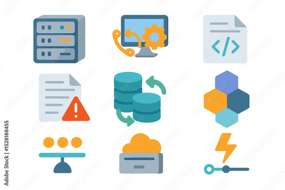 Poster colorful technology icons for software and data management concepts