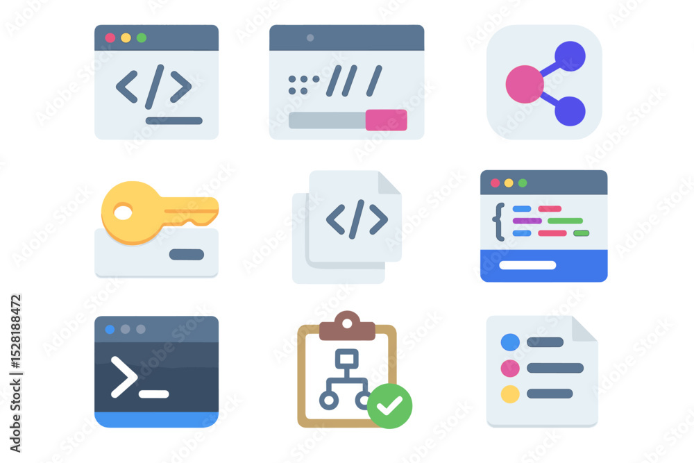 Poster colorful web development icons featuring code, keys, and network symbols