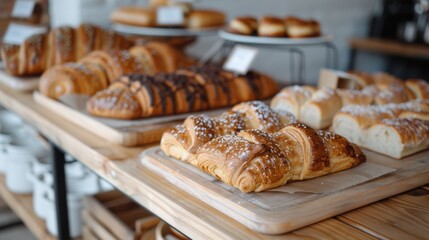 A beautifully arranged display of various baked goods, showcasing an array of pastries and breads, perfect for emphasizing culinary delight and craftsmanship.