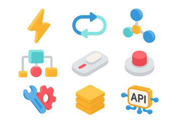 Colorful 3d technology icons on dark background with glowing effect