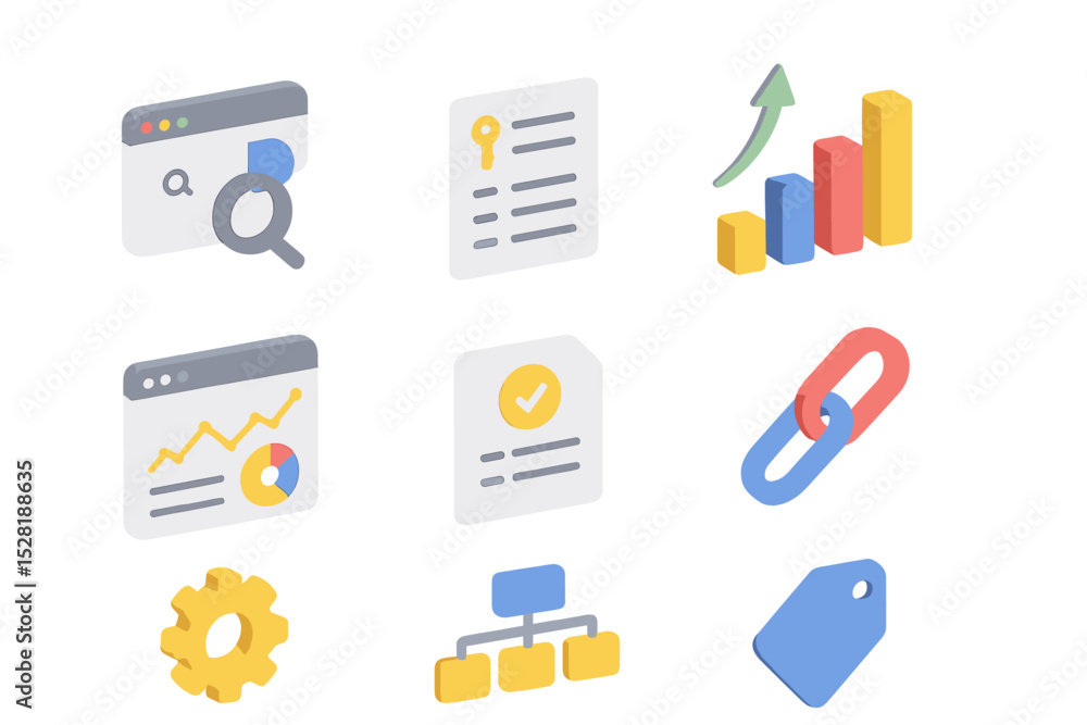 Poster colorful isometric icons representing data and analytics concepts