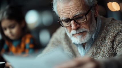 A senior man with gray hair and beard reads thoughtfully, showcasing wisdom and reflection, while a child quietly engages in the background, creating a serene moment.