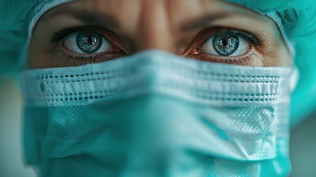 This close-up image captures the piercing eyes of a medical professional, conveying a sense of vigilance and dedication amidst a backdrop of healthcare settings.