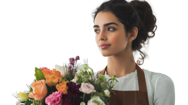 Florist in apron with flower pins, looking to the side, white background, waist-up, cinematic lighting, PNG