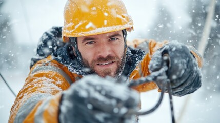 A rugged climber in a bright yellow helmet and gear scales a snowy mountain, showcasing determination and the exhilaration of adventure in winter sports.