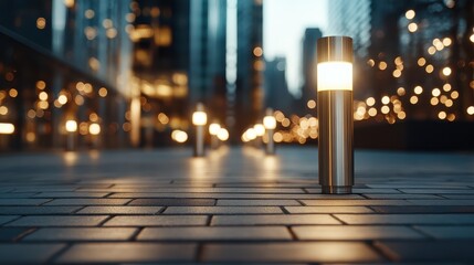A captivating view of city lights and glowing pathway lamps on a bustling urban street, highlighting the beauty of architecture and modern life in evening ambiance.
