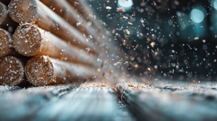 A dynamic shot captures the moment of timber being cut, with wood shavings flying through the air, showcasing the raw power and energy of woodworking in action.