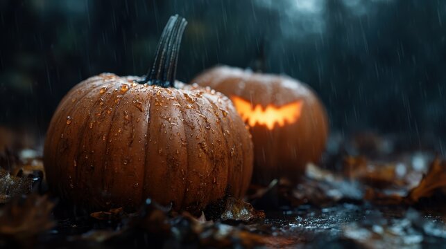 Two beautifully carved pumpkins emerge from rainfall, their mysterious expressions glowing in the dark, suggesting the festive spirit of Halloween and warm autumn nights. - Powered by Adobe