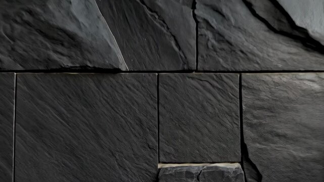 Textured dark gray stone wall cladding design, natural rough surface, square tiles, modern architecture, background