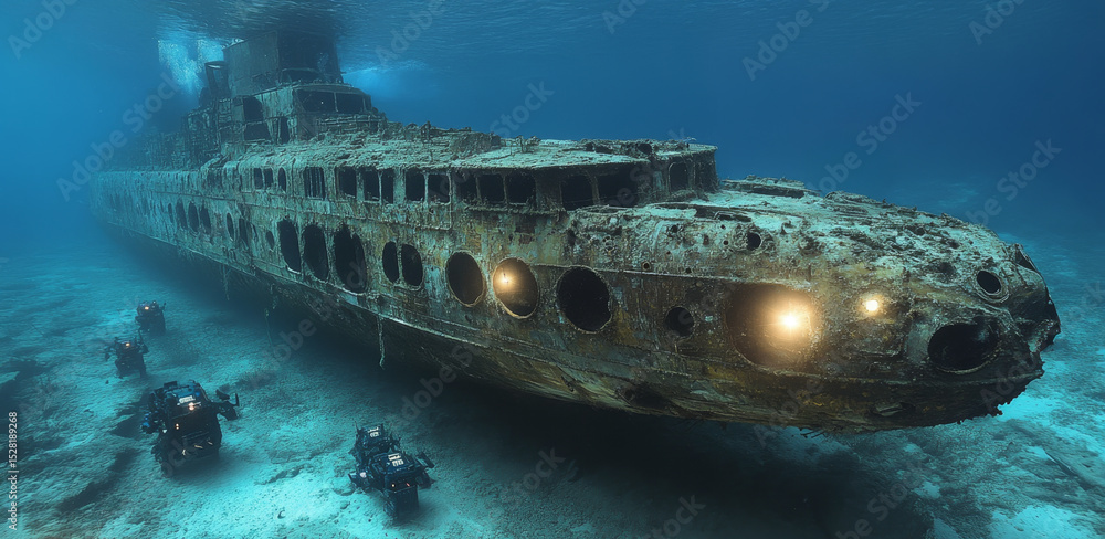 Poster deep beneath the ocean surface, robotic submarines investigate a historic wreck. the remnants of the