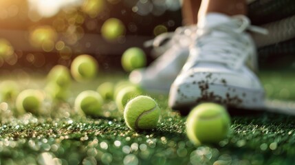 A pair of tennis shoes stands on green turf with scattered bright yellow tennis balls, capturing the vibrant energy and dynamic spirit of athleticism and play.