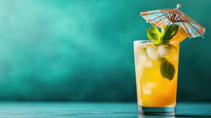 A vibrant tropical drink garnished with fresh mint and an umbrella, set against a vivid background, captures the essence of summer and relaxation in a vacation-themed ambiance.