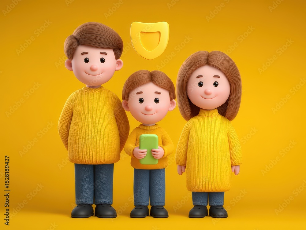 Poster cartoon family of three in matching yellow sweaters with a playful expression against a bright yello