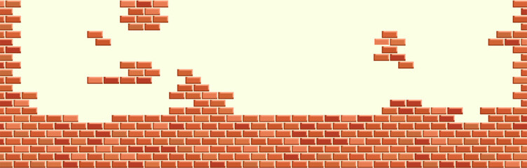 Realistic illustration of a damaged brick wall with missing sections on a light background.