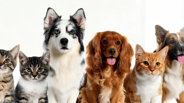 A group of various domestic animals: dogs with open mouths and tongues out, kittens lined up in a studio on a bright white seamless backdrop