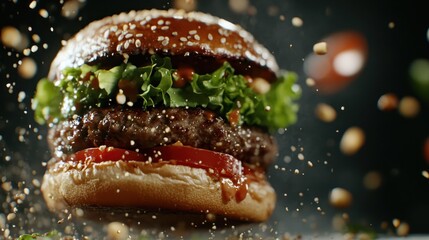 A mouth-watering burger, layered with fresh lettuce, tomato, and a juicy patty, is captured mid-air, highlighting the delightful experience of hunger and good-tasting food.