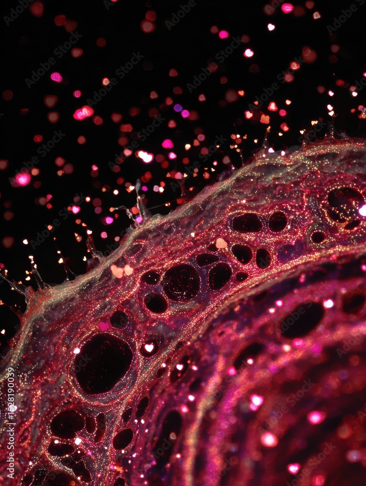 Poster intricate cross-section of a blood vessel with glowing heart particles highlighting cellular activit