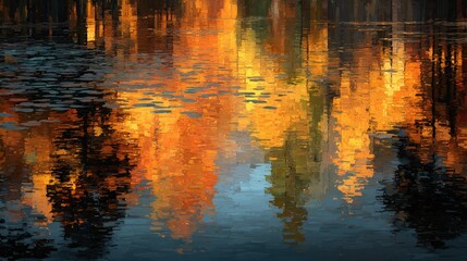 Autumn Reflection in Still Water Orange and Brown Trees Mirrored in Dark Water