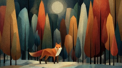 Red Fox in Autumn Forest at Night Under the Moon