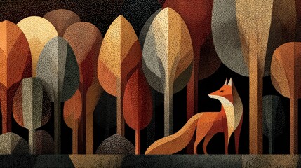 Orange Fox in a Geometric Autumn Forest at Night
