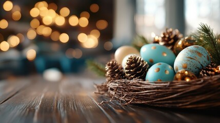 A beautiful arrangement of decorative Easter eggs, surrounded by natural elements, evokes the joy and renewal associated with spring celebrations.