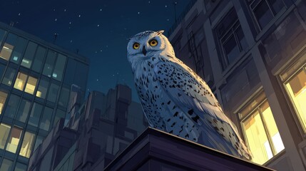 Snowy Owl Perched on Rooftop at Night in Urban Cityscape