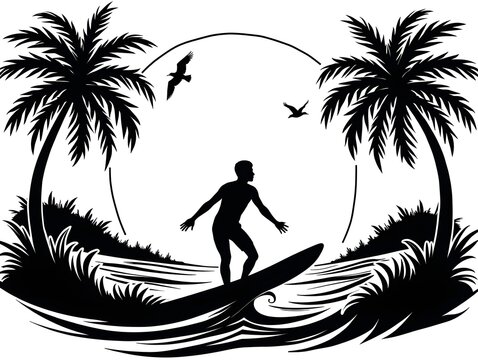 Silhouette scene surfer atop board, framed