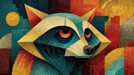 Geometric Raccoon Portrait in Teal and Gold Tones