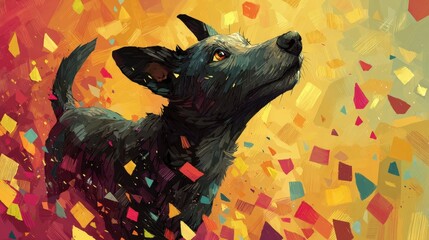 Joyful Blue Heeler Puppy Amidst Colorful Confetti and Autumn Leaves