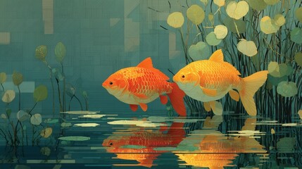 Two Goldfish Swimming in a Calm Pond, Digital Pixel Art Illustration