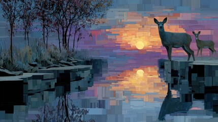 Two Deer Silhouette at Sunset Over a Lake, Digital Painting