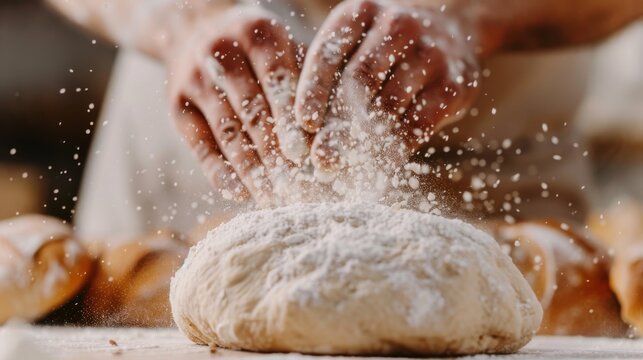 A dedicated baker is shown in motion, skillfully preparing dough with flour flying, encapsulating the artistry and passion involved in traditional baking techniques.