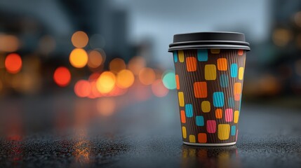 Colorful Geometric Pattern Coffee Cup on Rainy City Street at Night