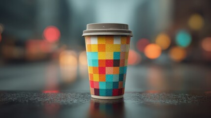 Rainy City Night Colorful Pixelated Coffee Cup