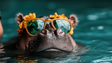 A playful hippo wears trendy sunglasses while floating in water, combining humor and whimsy in an endearing visual that captures the joy of carefree moments in life.