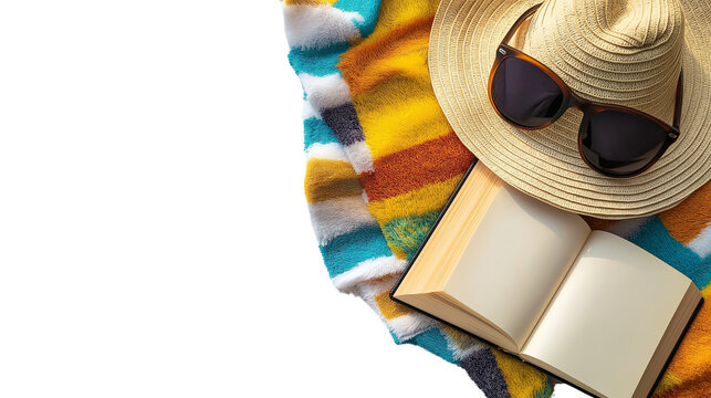 Top view of colorful beach towel with sun hat, book, and sunglasses, arranged neatly on white, PNG - Powered by Adobe