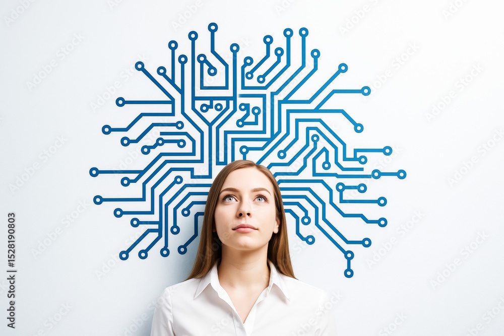 Poster woman with digital brain circuit above head on white background symbolizing artificial intelligence,