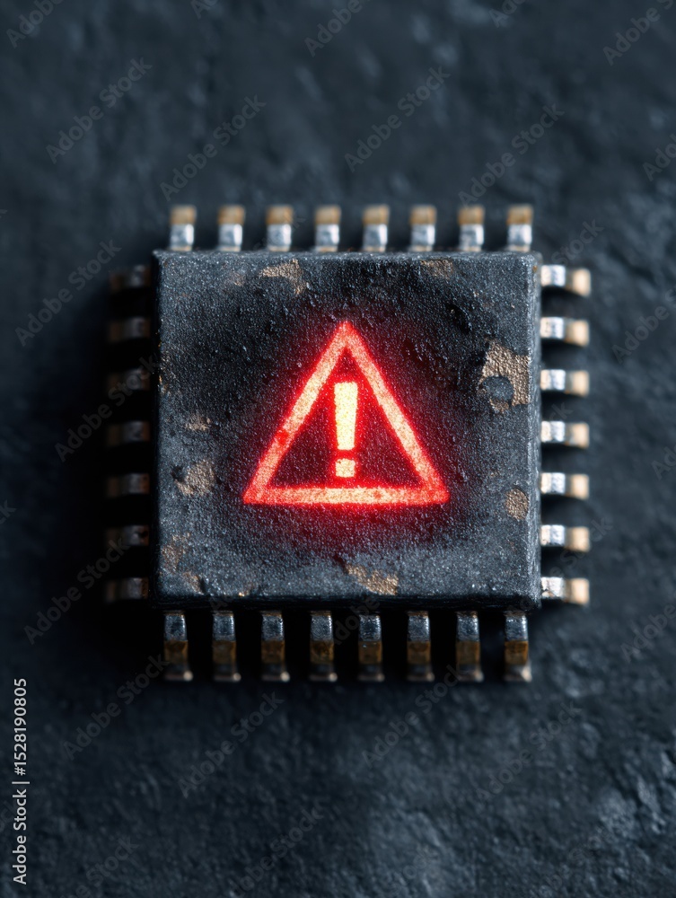 Poster burnt microchip with red warning light signaling a malfunction in electronic device
