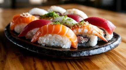 An aesthetically arranged platter of colorful sushi featuring various types, showcasing fresh ingredients that highlight culinary artistry and a vibrant dining experience.