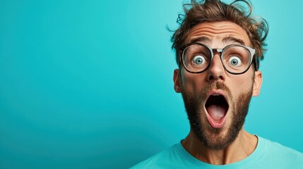 A joyful man with glasses shows surprise with wide eyes and an open mouth, set against a bright blue background, capturing a moment of genuine human emotion and exuberance.