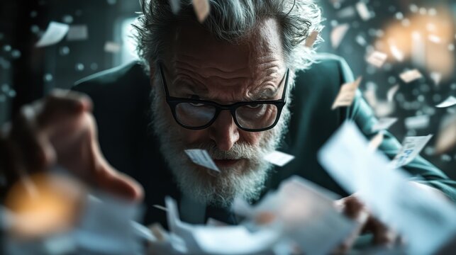 A focused elderly man with glasses engages intensely with flying papers, symbolizing chaos and urgency, while he reaches out to grasp control over the situation.