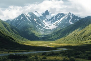 Alaskan Mountains. Road Trip through the Wilderness in Summer with Majestic Mountain Views