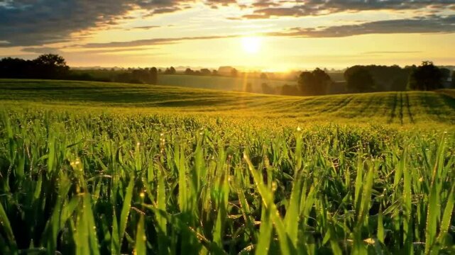 Sunrise over a dewy field