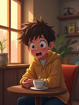Surprised Coffee Drinker A character with tousled hair sitting at a small round table in a cozy coffee shop. Their eyes are wide and mouth slightly agape in shock as they look down.