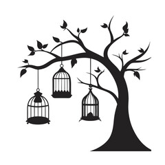 Tree With Birdcages And Open Doors Silhouette Vector