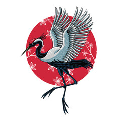 Japanese Crane Bird Illustration with Flower Background